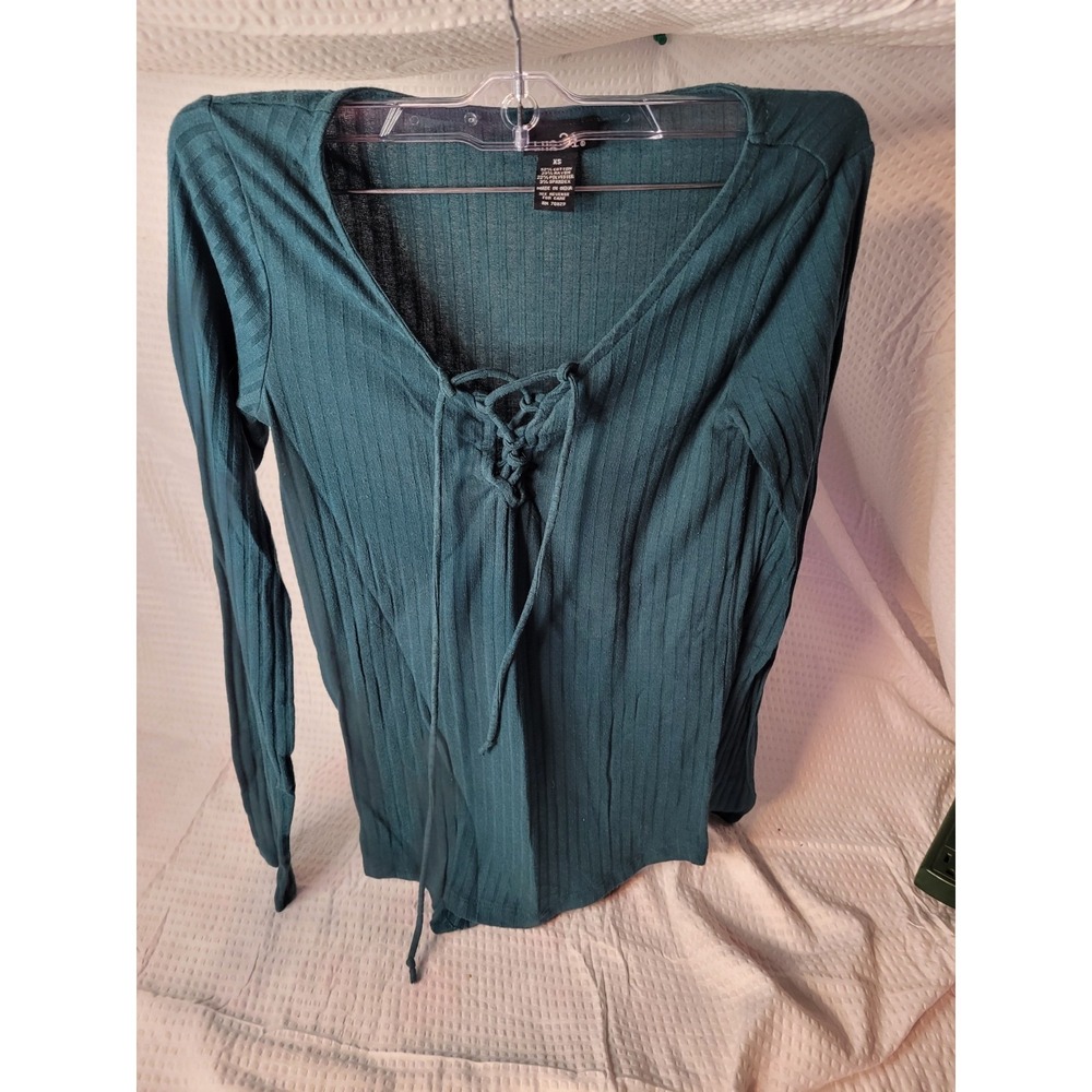 Rue21 Womens XS Teal Green Ribbed Lace Up V-Neck Long Sleeve Top Boho Shirt
